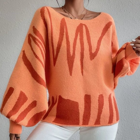 graphic pattern lantern sleeve sweater orange - Picture 2 of 7